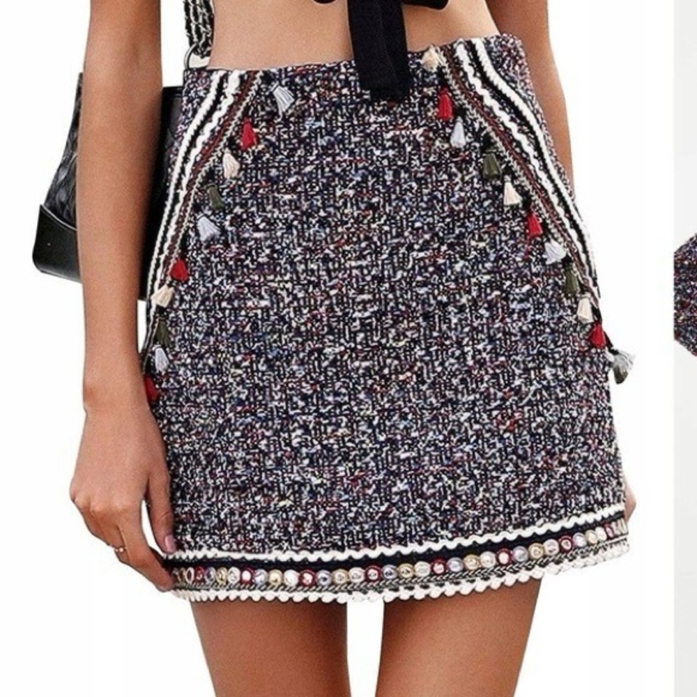 ZARA Multicoloured Pompom Tweed Fringe Skirt